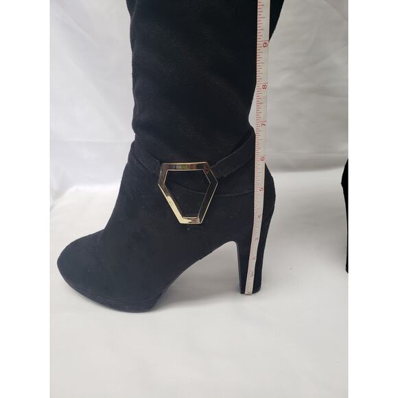 IMPO Stretch Black & Gold Suede Knee High Heeled Boots - Size 8 - Picture 9 of 11